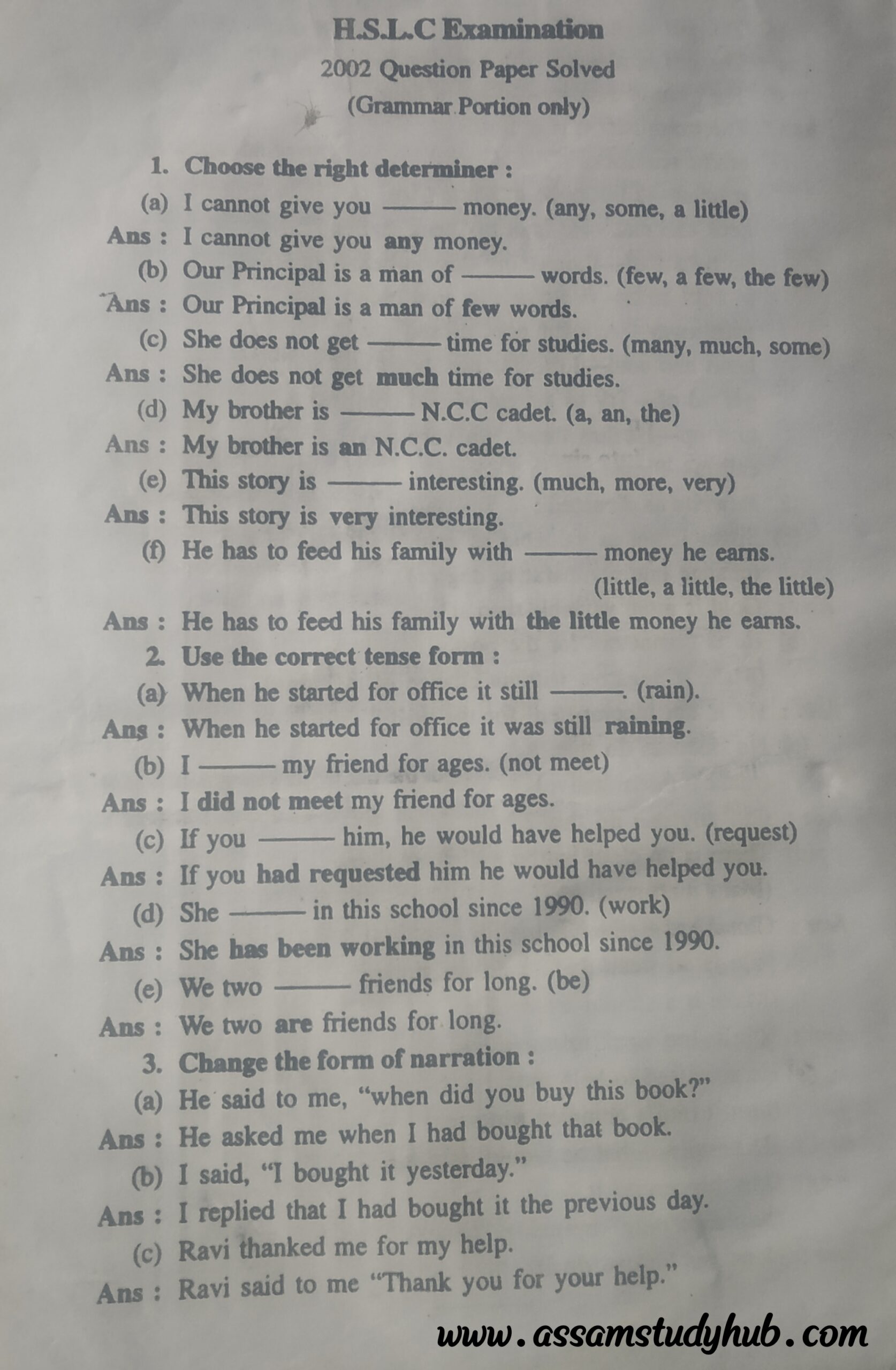 H.S.L.C English Grammar Question Paper (Year-2002) - Assam Study Hub